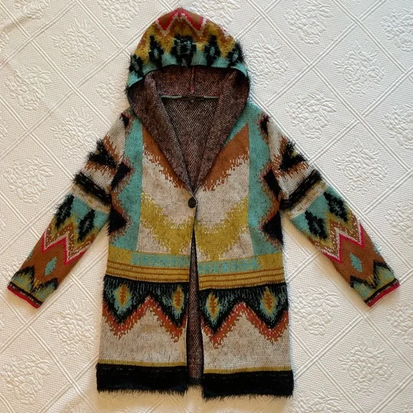 MaxSport Aztec Open Front Cardigan Hood Sweater Western Tribal Ivory/Turquoise - Picture 4 of 12